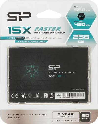 SSD Silicon Power Ace A55 SP256GBSS3A55S25, 256 ГБ, SATA III, 2.5", 550/450 МБ/с