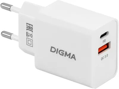 Зарядное устройство Digma DGW2D0F110WH, 20W, PD+QC, USB-C/USB-A