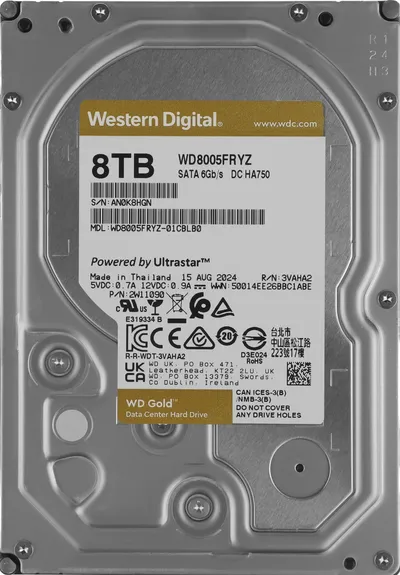 Жесткий диск Western Digital WD8005FRYZ Gold, 8 ТБ, 3.5", SATA III, 7200 об/мин