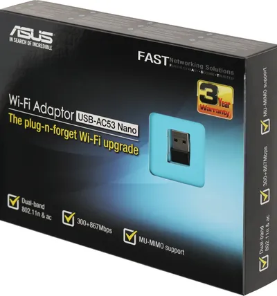 Сетевой адаптер ASUS USB-AC53 Nano, USB 2.0, Wi-Fi 5, 2,4/5 ГГц, 867 Мбит/с