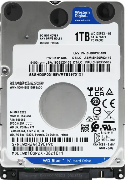 Жесткий диск Western Digital WD10SPZX Blue, 1000 ГБ, 2.5", SATA III, 5400 об/мин