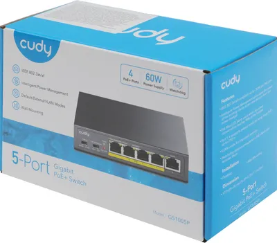 Коммутатор CUDY GS1005P, 5×1GbE, 4 порта PoE+ 60 Вт, неуправляемый