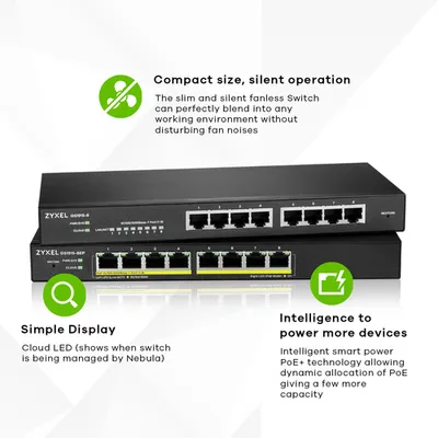 Коммутатор Zyxel GS1915-8EP, Smart L2, 8×1GbE PoE+, бюджет 60 Вт, без вентилятора