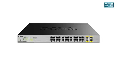 Коммутатор D-Link DGS-1026MP/B2A, неуправляемый, 24x1GbE PoE, 2 комбо SFP, 370 Вт