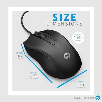 Мышь HP 100 (6VY96AA), оптическая, проводная, USB-A, 1600 DPI, чёрная