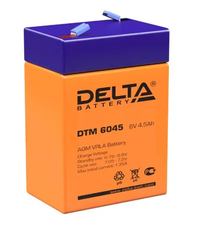 Аккумулятор Delta DTM 6045, 6 В, 4.5 А·ч, AGM, клеммы F1, 70×47×101 мм