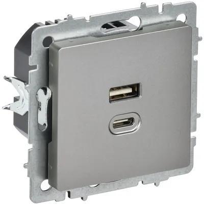 Розетка USB IEK BRITE BR-U22-045-K46, USB A+C 45 Вт, 2 поста, сталь