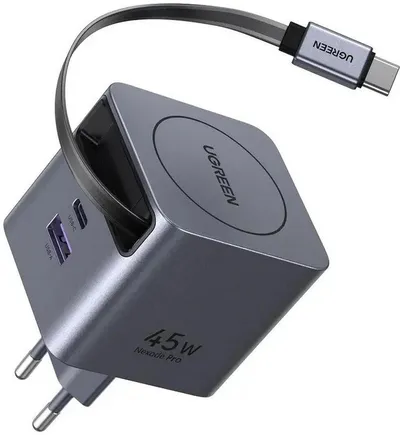 Зарядное устройство UGREEN X614 65822, 45 Вт, GaN, USB-C + USB-A, выдвижной кабель