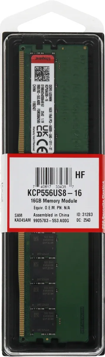Модуль памяти Kingston KCP556US8-16, DDR5, 16 ГБ, 5600 MT/s, DIMM