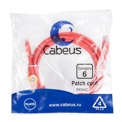 Патч-корд Cabeus PC-UTP-RJ45-Cat.6-3m-RD, Cat.6, UTP, RJ45, 3м, красный