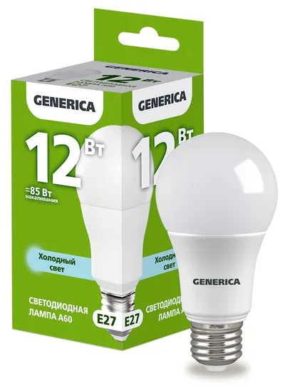 Лампа LED IEK GENERICA LL-A60-12-230-65-E27-G, 12 Вт, 6500К, E27, A60