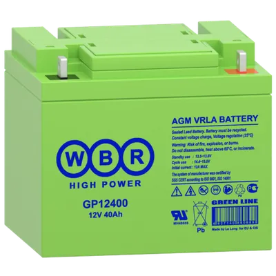 Аккумулятор WBR GP12400, 12 В, 40 Ач, AGM, клеммы M6, 199×166×171 мм