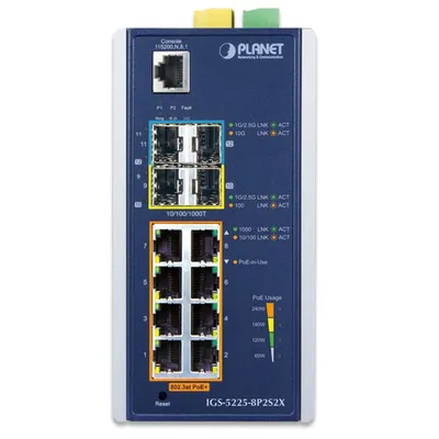 Коммутатор PLANET IGS-5225-8P2S2X, 8×1GbE PoE+ 240 Вт, 2×1G SFP, 2×10G SFP+, управляемый