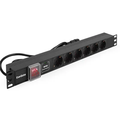 Блок розеток ExeGate ServerPro PDU-19H609 Al-6S-C14-2CU-SPD1, 19", 1U, 6×Schuko, 10 А