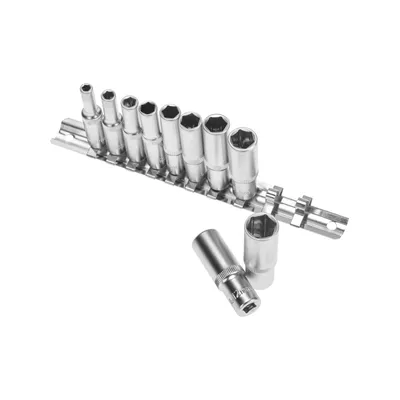 Набор торцевых головок REXANT 12-8318, 1/4", удлинённые, 6-гранные, CrV, 4–13 мм, 10 шт