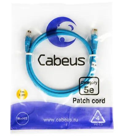 Патч-корд Cabeus PC-UTP-RJ45-Cat.5e-1m-BL, U/UTP, кат. 5e, 2×RJ45, 1 м