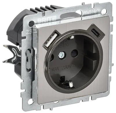 Розетка IEK BR-R14-16-U22-018-M-K23 BRITE, 1-местная, с заземлением и шторками, 16 А, USB A+C 18 Вт