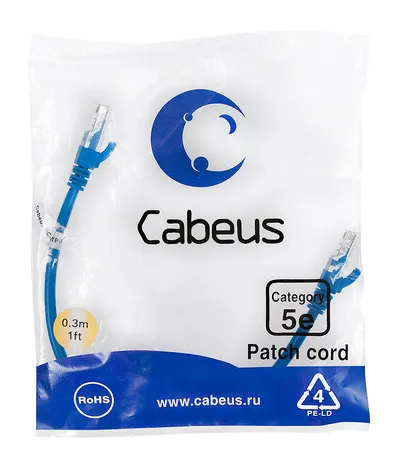 Патч-корд Cabeus PC-UTP-RJ45-Cat.5e-0.3m-BL-LSZH Патч-корд U/UTP, категория 5е, 2xRJ45/8p8c, неэкранированный, синий, LSZH, 0.3м