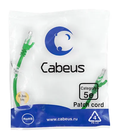 Патч-корд Cabeus PC-UTP-RJ45-Cat.5e-0.3m-GN-LSZH, U/UTP, 0.3 м, LSZH