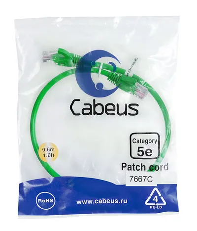 Патч-корд Cabeus PC-UTP-RJ45-Cat.5e-0.5m-GN, U/UTP, Cat.5e, 0.5 м, зелёный