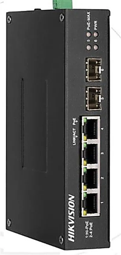Коммутатор Hikvision DS-3T0506HP-E/HS, 4×1GbE PoE, 2×SFP, DIN