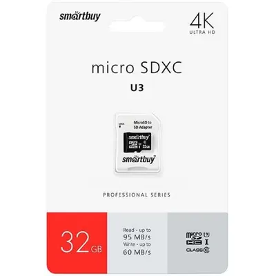Карта памяти Smartbuy SB32GBSDCL10U3L-01, microSDHC 32 ГБ, Class 10, UHS-I U3, 95/60 МБ/с