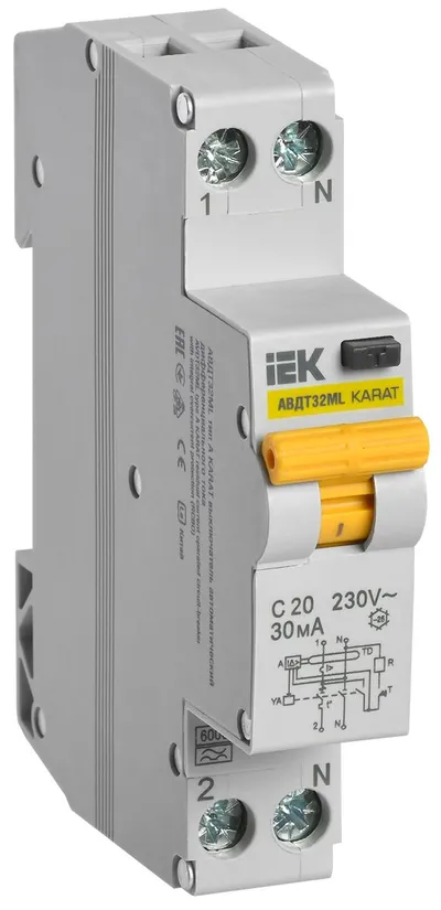 Автоматический выключатель дифференциального тока IEK АВДТ32ML KARAT, тип A, C20, 30 мА, 1P