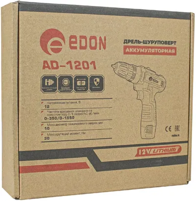 Дрель-шуруповерт EDON AD-1201, 12 В, 1,5 Ач, 30 Нм