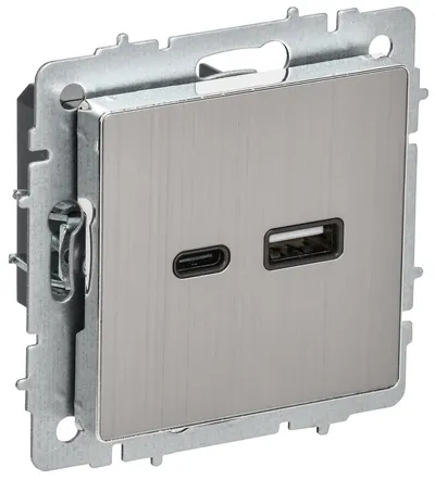 Розетка USB IEK BRITE BR-U22-018-M-K23, USB A+C 18 Вт, скрытый монтаж, IP20, хром/никель