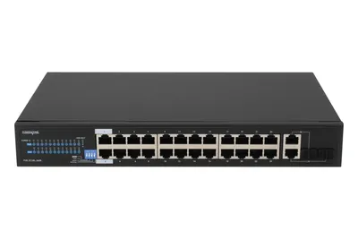 Коммутатор POWERTONE PUS-2C24L-360R, неуправляемый, 24×Fast Ethernet PoE+ 360 Вт, 2×Gigabit, 2×SFP