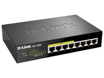 Коммутатор D-Link DGS-1008P/E1A, 8×1GbE, 4×PoE, 68Вт, неуправляемый
