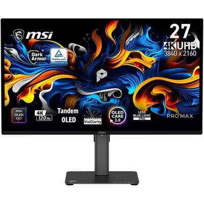 Монитор 26.5" MSI PRO MAX 271UPX12G   QD-OLED, 3840x2160, 120Hz, 0,03ms, 250сd/m, 1500000:1 | 2xHDMI(2.1), DP(1.4a), Type-C(PD-15W) | HAS, Pivot, Swivel, InPSU, Speakers, Vesa 100, Black