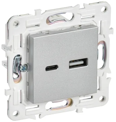 Розетка USB IEK SKANDY SK-U22-018-K23, USB A+C, 18 Вт, 5 В, IP20, серебристый