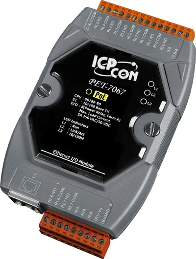 Модуль ICP DAS PET-7067 CR, 8 релейных выходов, PoE, Modbus TCP