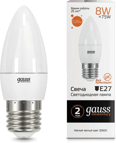 LED-лампа Gauss Elementary 33218, E27, 8 Вт, 3000K, 520 лм, свеча C37