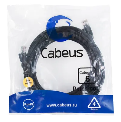 Патч-корд Cabeus PC-UTP-RJ45-Cat.6-5m-BK, U/UTP, Cat.6, 5м, черный
