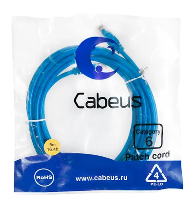 Патч-корд Cabeus PC-UTP-RJ45-Cat.6-5m-BL, U/UTP Cat.6, 2xRJ45, 5 м, синий