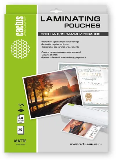 Пленка для ламинирования Cactus CS-LPMА412525, 125 мкм, A4, матовая, 25 шт