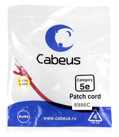 Патч-корд Cabeus PC-UTP-RJ45-CAT.5E-0.15M-RD-LSZH, U/UTP, Cat.5e, 0.15 м, LSZH