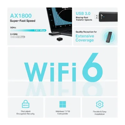 Сетевой адаптер TP-Link Archer TX20U, USB, Wi-Fi AX1800, двухдиапазонный