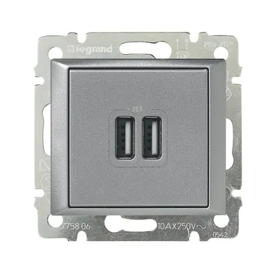 Розетка IEK 770270, USB A+A, 15 Вт, 2 выхода, скрытой установки, алюминий
