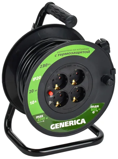 Удлинитель силовой IEK GENERICA УК20, 4 розетки, 20 м, 3x1,0 мм², 10 А, IP20