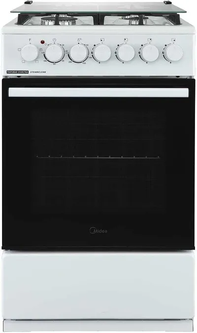 Плита комбинированная Midea MFO-M4G20T4E(WH), 4 газовые конфорки, духовка 59л, стеклянная крышка