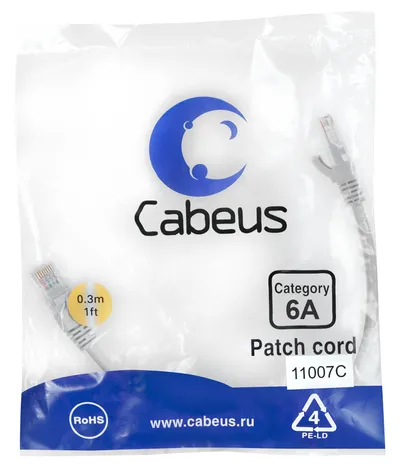 Патч-корд Cabeus PC-SSTP-RJ45-Cat.6a-0.3m-LSZH, S/FTP Cat.6a, 2xRJ45, 0.3 м, LSZH