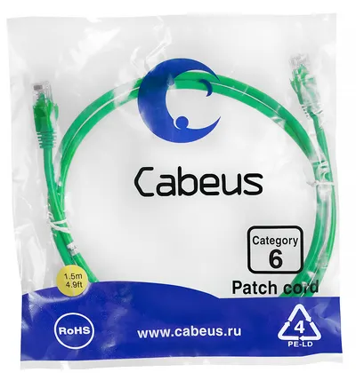 Патч-корд Cabeus PC-UTP-RJ45-Cat.6-1.5m-GN, U/UTP, кат.6, 1.5 м, зеленый