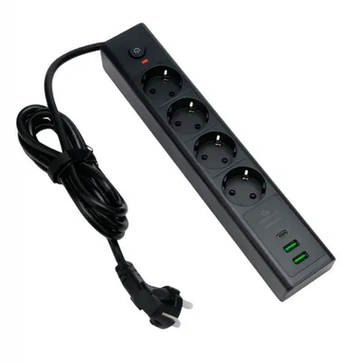 Сетевой фильтр Cablexpert EXN-4-CU2-B-2, 3×220В, 2×USB-A, USB-C 30Вт, 2м