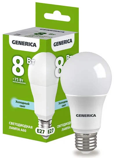 Лампа LED IEK GENERICA LL-A60-08-230-65-E27-G, 8 Вт, 230 В, 6500К, E27