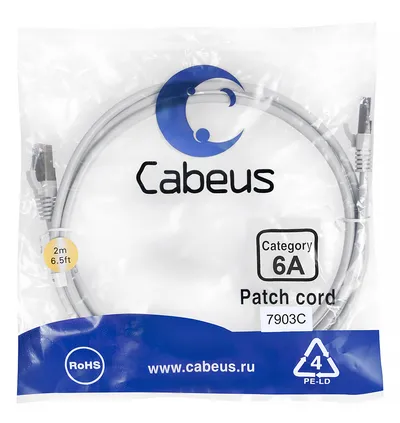 Патч-корд Cabeus PC-SSTP-RJ45-Cat.6a-2m-LSZH, Cat.6a, S/FTP, 2м, LSZH, серый