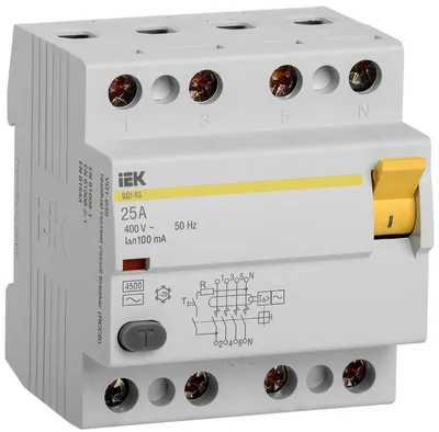 УЗО iEK MDV10-4-025-100 ВД1-63, 4п, 25 А, 100 мА, тип AC
