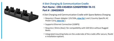 Кредл 4-х слотовый Bluebird ASSY: RFR901/S20 4-Slot Ethernet Cradle w/Battery Charging for S20, Req Power Adapter 12V/10A AC Power Cord, Req Power Adapter 12V/10AAC Power Cord